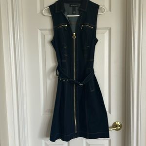 INC sleeveless dark denim Vneck front  zippered dress with two flap pockets